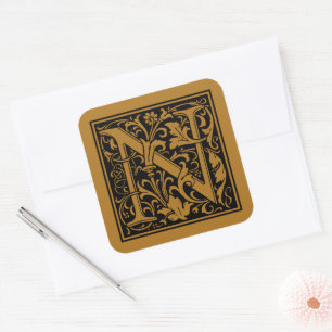 Adesivo Quadrado Letra Maiúscula N de William Morris Dourado Antigo