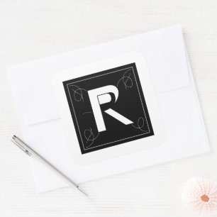Adesivo Quadrado Letra Monograma R de Moldura e Floreio em Branco