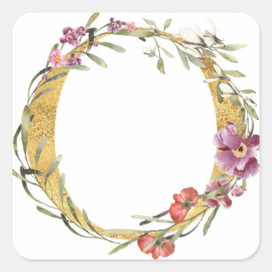 Adesivo Quadrado Letra O em MONOGRAMA de ouro com flor