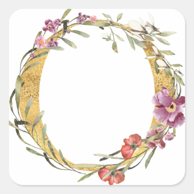 Adesivo Quadrado Letra O em MONOGRAMA dourado com flor (Frente)