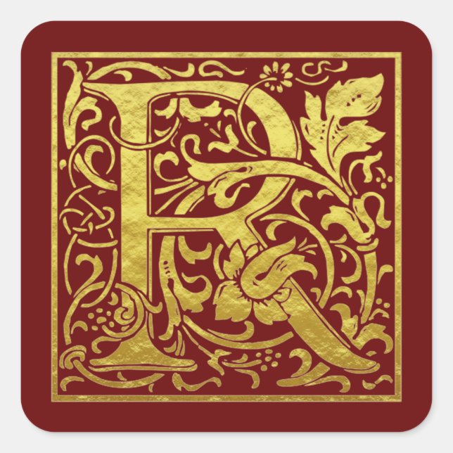 Adesivo Quadrado Letra R Primeira Letra Faux Dourado Vermelho (Frente)
