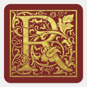 Adesivo Quadrado Letra R Primeira Letra Faux Dourado Vermelho