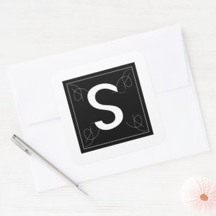 Adesivo Quadrado Letra S de Monograma Frame e Flourish em Branco