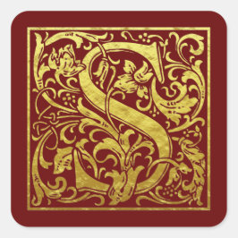Adesivo Quadrado Letra S Primeira Letra Faux Dourado Vermelho