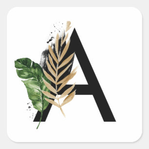 Adesivo Quadrado Letra tropical da folha Dourado do falso das