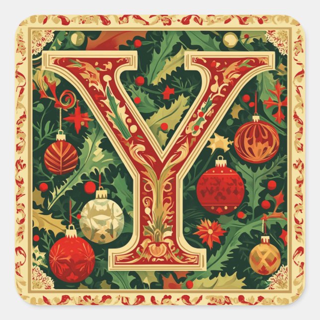 Adesivo Quadrado Letra Vermelha Natal Y com Greenery (Frente)