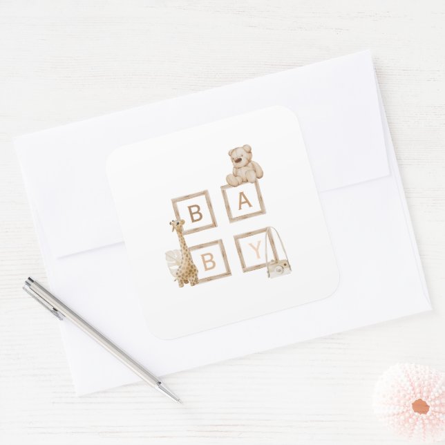 Adesivo Quadrado Letras de Bloco de Madeira Neutral Boho (Envelope)