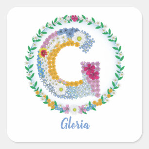 Adesivo Quadrado Letras Flores "G" Inicial com Nome Personalizado