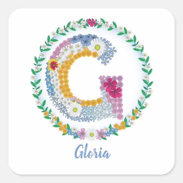 Adesivo Quadrado Letras Flores "G" Inicial com Nome Personalizado (Frente)
