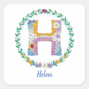 Adesivo Quadrado Letras Flores Iniciais "H" com Nome Personalizado