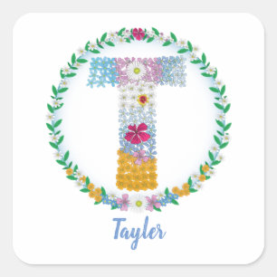 Adesivo Quadrado Letras Flores Iniciais "T" com Nome Personalizado