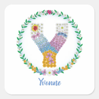 Adesivo Quadrado Letras Flores Iniciais "Y" com Nome Personalizado