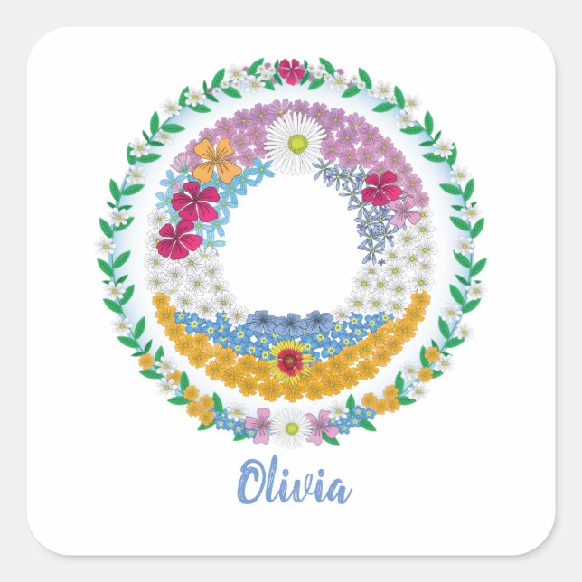Adesivo Quadrado Letras Flores "O" Inicial com Nome Personalizado (Frente)