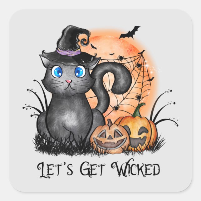 Adesivo Quadrado Let's Get Wicked | Black Witch Cat (Frente)