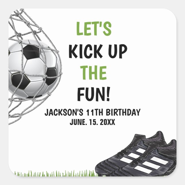 Adesivo Quadrado Let's Kick up the fun!, Fun Soccer Birthday (Frente)