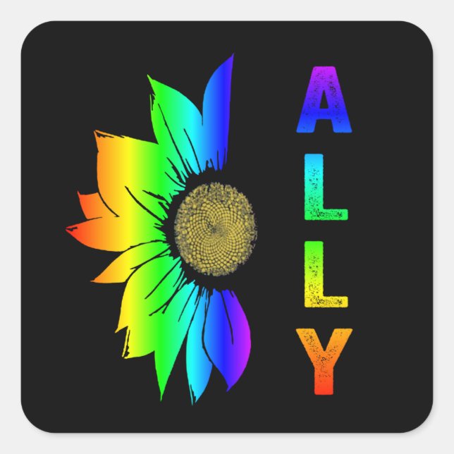 Adesivo Quadrado LGBT Ally Rainbow Flag Flor Sunflower (Frente)