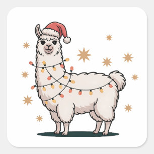 Adesivo Quadrado Lhama Alpaca Com Chapéu de Papai Noel e Luz de Nat