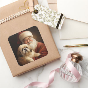 Adesivo Quadrado Lhasa Apso Com O Papai Noel Natal Festivo 