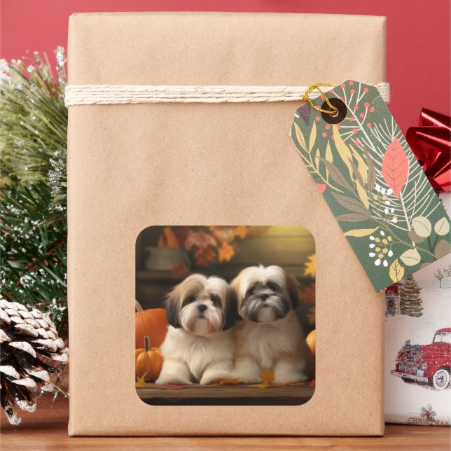 Adesivo Quadrado Lhasa Apso Puppy Autumn Delight Pumpkin (Feriado)