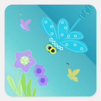 Adesivo Quadrado Libélula de desenho animado com flores