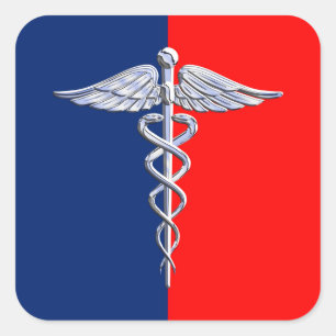 Adesivo Quadrado Liga médica do símbolo do Caduceus de prata do