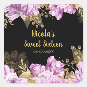 Adesivo Quadrado Lilás Elegante e Flores Douradas Sweet Sixteen