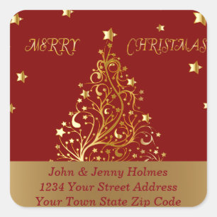 Adesivo Quadrado Linda árvore de Natal de ouro metálico em vermelho