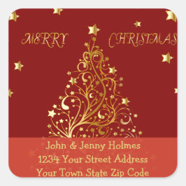 Adesivo Quadrado Linda árvore de Natal de ouro metálico em vermelho