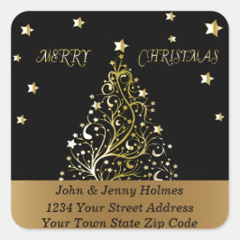 Adesivo Quadrado Linda árvore de Natal de ouro metálico estrelado