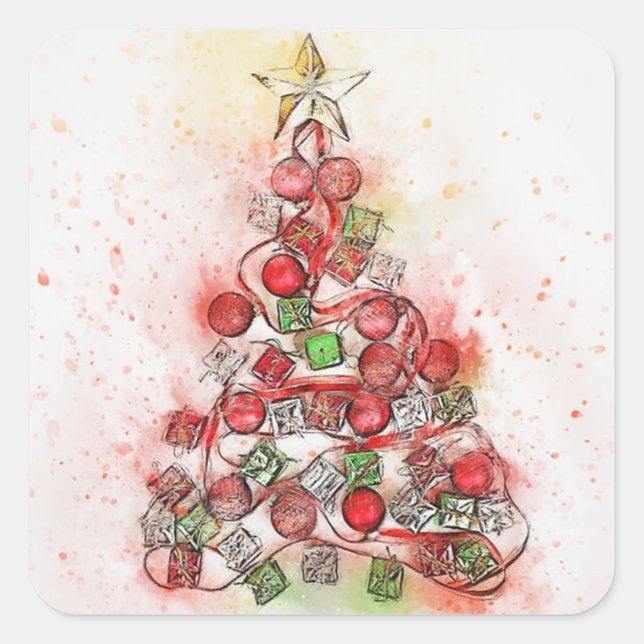 Adesivo Quadrado Linda árvore de Natal decorada (Frente)