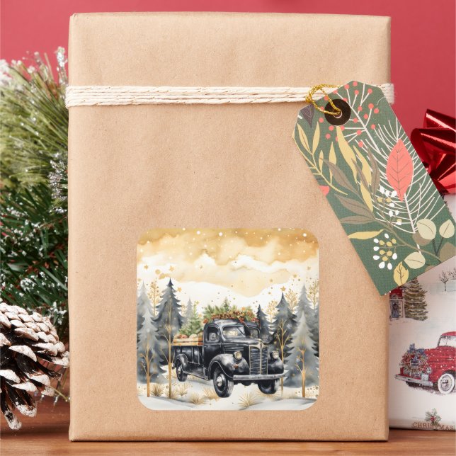 Adesivo Quadrado Linda caminhonete preto contra o céu Dourado (Feriado)