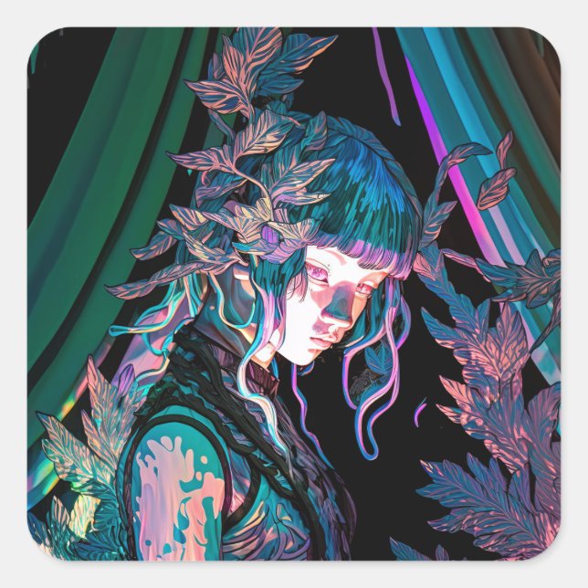 Adesivo Quadrado Linda Colorida Mulher e Plantas (Frente)