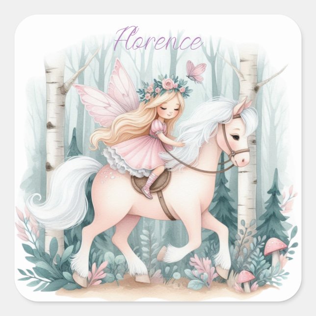 Adesivo Quadrado Linda fada cavalgando em uma floresta encantada (Frente)