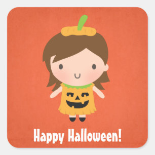 Adesivo Quadrado Linda Fantasia de Abóbora de Halloween Menina