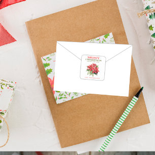 Adesivo Quadrado Linda Flor de Poinsettia Vermelha Nome Feliz Natal