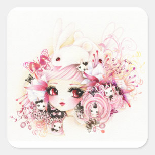 Adesivo Quadrado Linda garota com belos coelhos