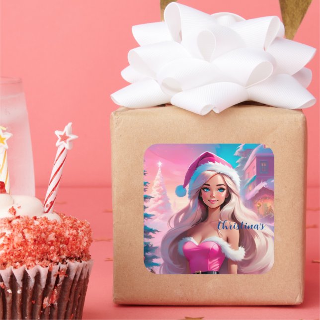 Adesivo Quadrado Linda garota de Natal rosa 01 (Festa)