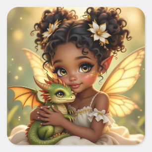 Adesivo Quadrado Linda Garota Fada de Anime e Dragão Chibi