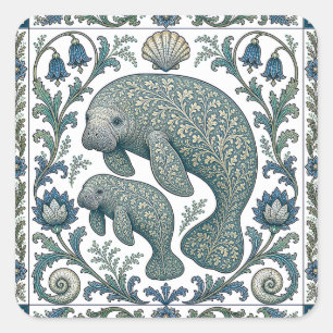 Adesivo Quadrado Linda Mãe e Bebê Peixe-boi Vintage Ornamentado