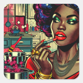 Adesivo Quadrado Linda mulher colocando o Lipstick