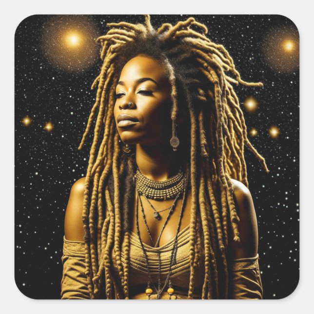 Adesivo Quadrado Linda mulher em dreads sob as estrelas (Frente)