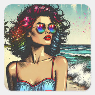 Adesivo Quadrado Linda mulher na Pop da Beach Comic Book