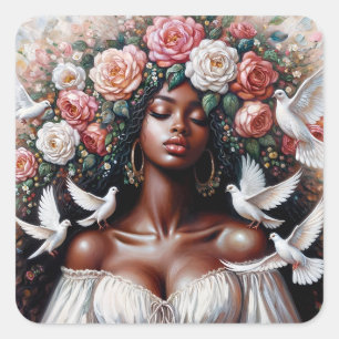 Adesivo Quadrado Linda Mulher Negra Com Doves Arte Floral