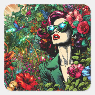 Adesivo Quadrado Linda Mulher no Jardim das Flores