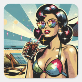 Adesivo Quadrado Linda Mulher Pinup com Cola na Praia