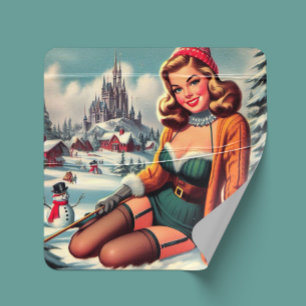 Adesivo Quadrado Linda Pin-up de Inverno Retrô