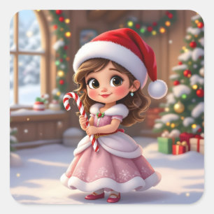 Adesivo Quadrado Linda princesinha com chapéu de Natal