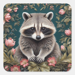 Adesivo Quadrado Linda Racoon Pink Floral