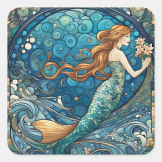 Adesivo Quadrado Linda Sereia Arte Nouveau Arte Estilo Azul
