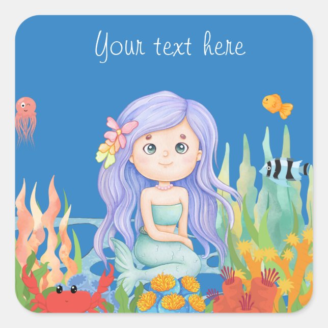 Adesivo Quadrado Linda sereia Penteada brincando no mar (Frente)